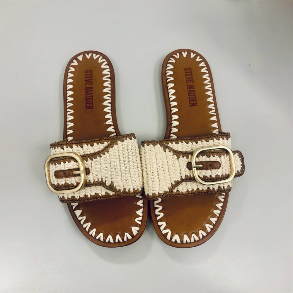 Steve Madden SEABREEZE tan raffia boho slide sandals, women’s size 6